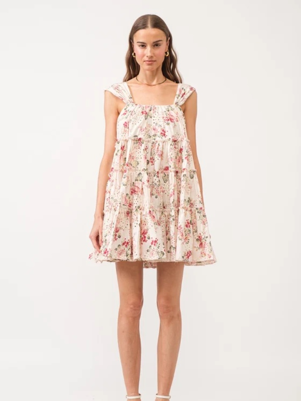 Sophie the Label Eyelet Mini Dress Wide Strap Pale Pink Floral Layered Women Med